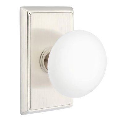 Emtek Ice White Porcelain Knob with Rectangular Rosette in Satin Nickel finish