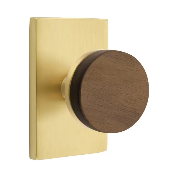 Emtek Select Conical Dark Walnut Knob with Modern Rectangular Rosette in Satin Brass finish