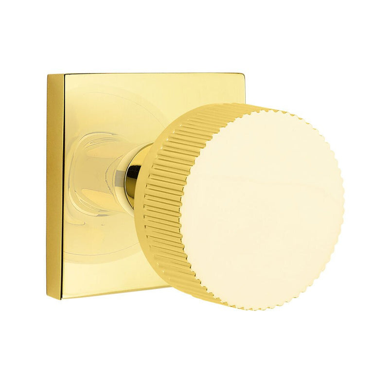 Emtek Select Conical Straight Knurled Knob with Square Rosette in Unlacquered Brass finish