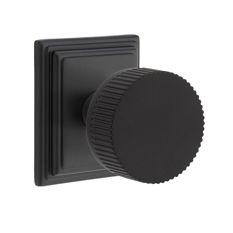 Emtek Select Conical Straight Knurled Knob with Wilshire Rosette in Flat Black finish