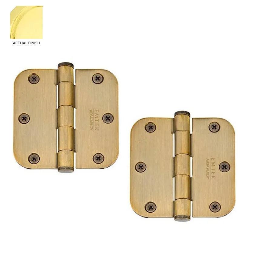 Emtek Residential Duty Solid Brass Plain Bearing Hinge, 3.5" x 3.5" with 5/8" Radius Corners in Polished Brass finish