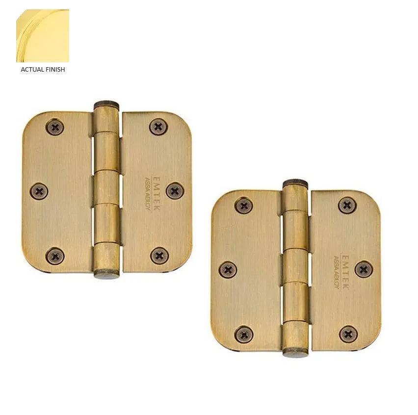 Emtek Residential Duty Solid Brass Plain Bearing Hinge, 3.5" x 3.5" with 5/8" Radius Corners in Unlacquered Brass finish