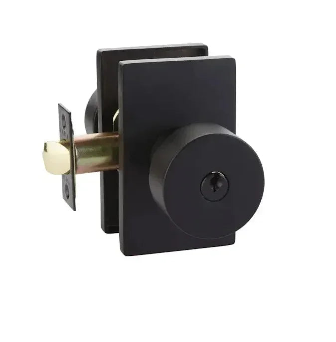 The Emtek Round Knob With Modern Rectangular Rosette in Flat Black finish.