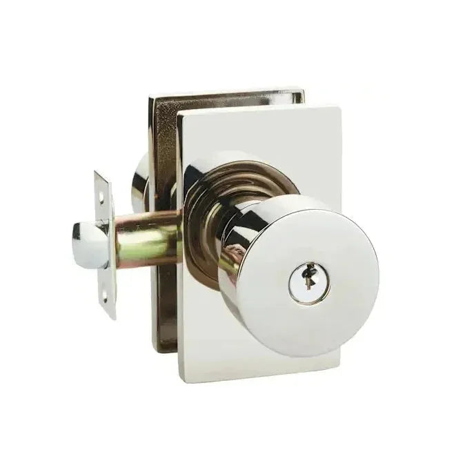 The Emtek Round Knob With Modern Rectangular Rosette in Lifetime Polished Nickel finish.