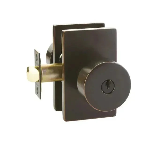 The Emtek Round Knob With Modern Rectangular Rosette in Oil Rubbed Bronze finish.