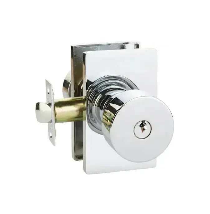 The Emtek Round Knob With Modern Rectangular Rosette in Polished Chrome finish.