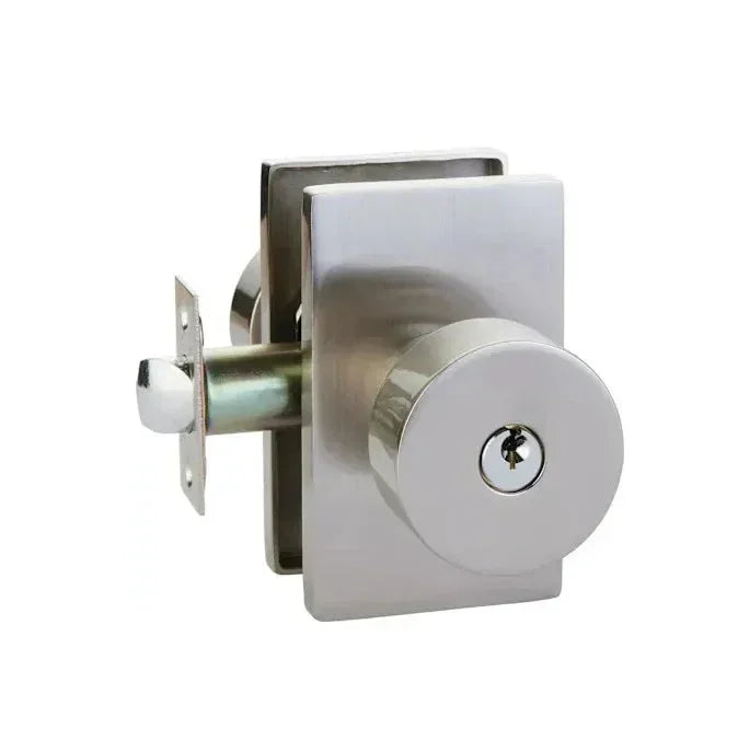 The Emtek Round Knob With Modern Rectangular Rosette in Satin Nickel finish.