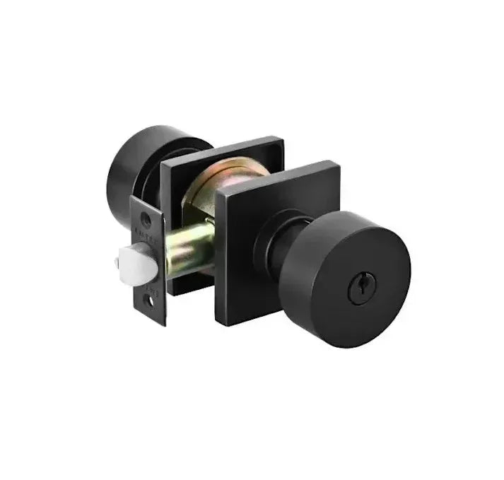 The Emtek Round Knob with Square Rosette in Flat Black finish.
