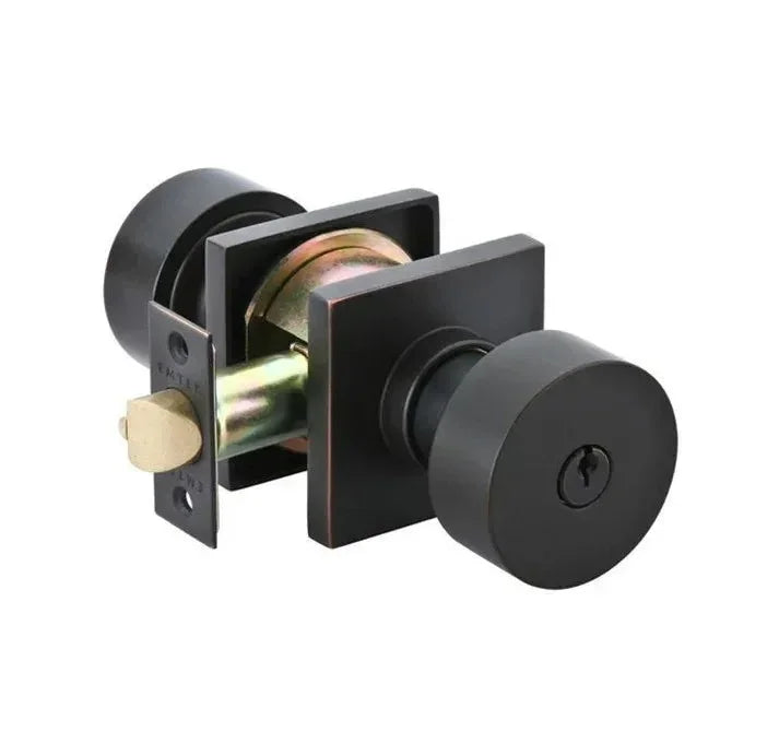 The Emtek Round Knob with Square Rosette in Oil Rubbed Bronze finish.