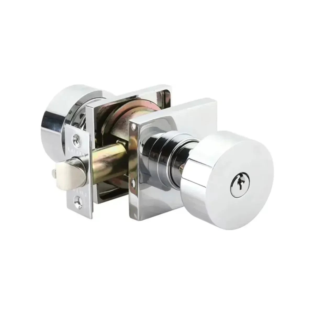 The Emtek Round Knob with Square Rosette in Polished Chrome finish.