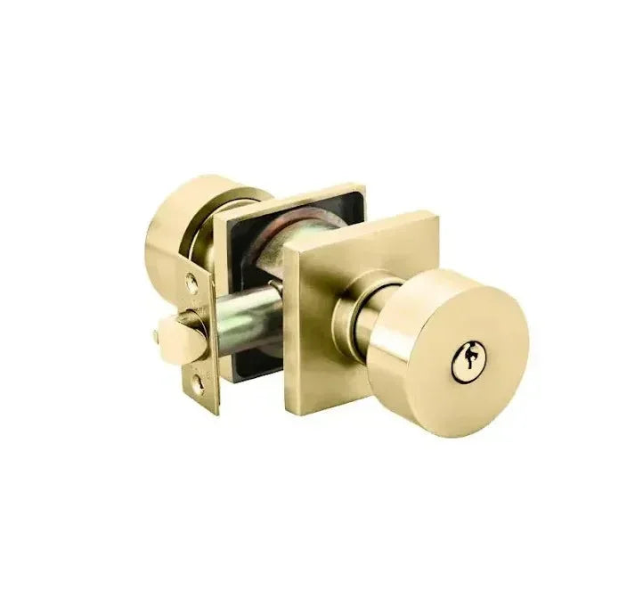 The Emtek Round Knob with Square Rosette in Satin Brass finish.
