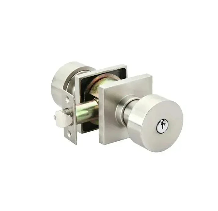 The Emtek Round Knob with Square Rosette in Satin Nickel finish.