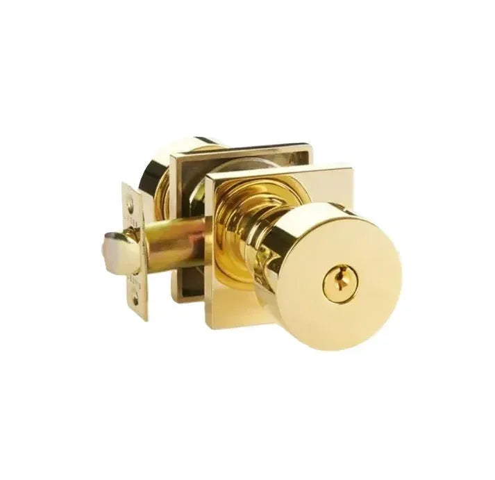 The Emtek Round Knob with Square Rosette in Unlacquered Brass finish.