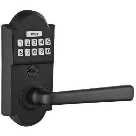 Emtek Sandcast Bronze Electronic Keypad Leverset with Cimarron Lever Flat Black Bronze Patina