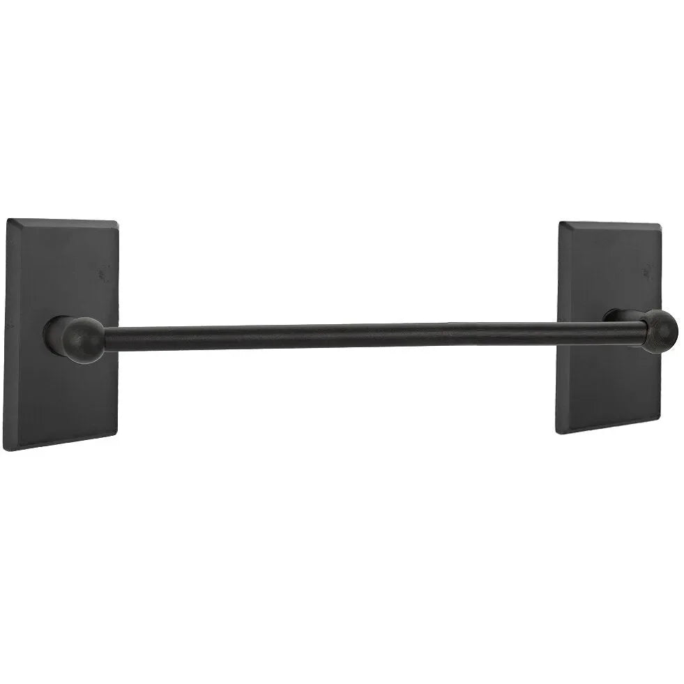 The Emtek Sandcast Bronze Towel Bar with #3 Rosette in Flat Black Bronze Patina finish.