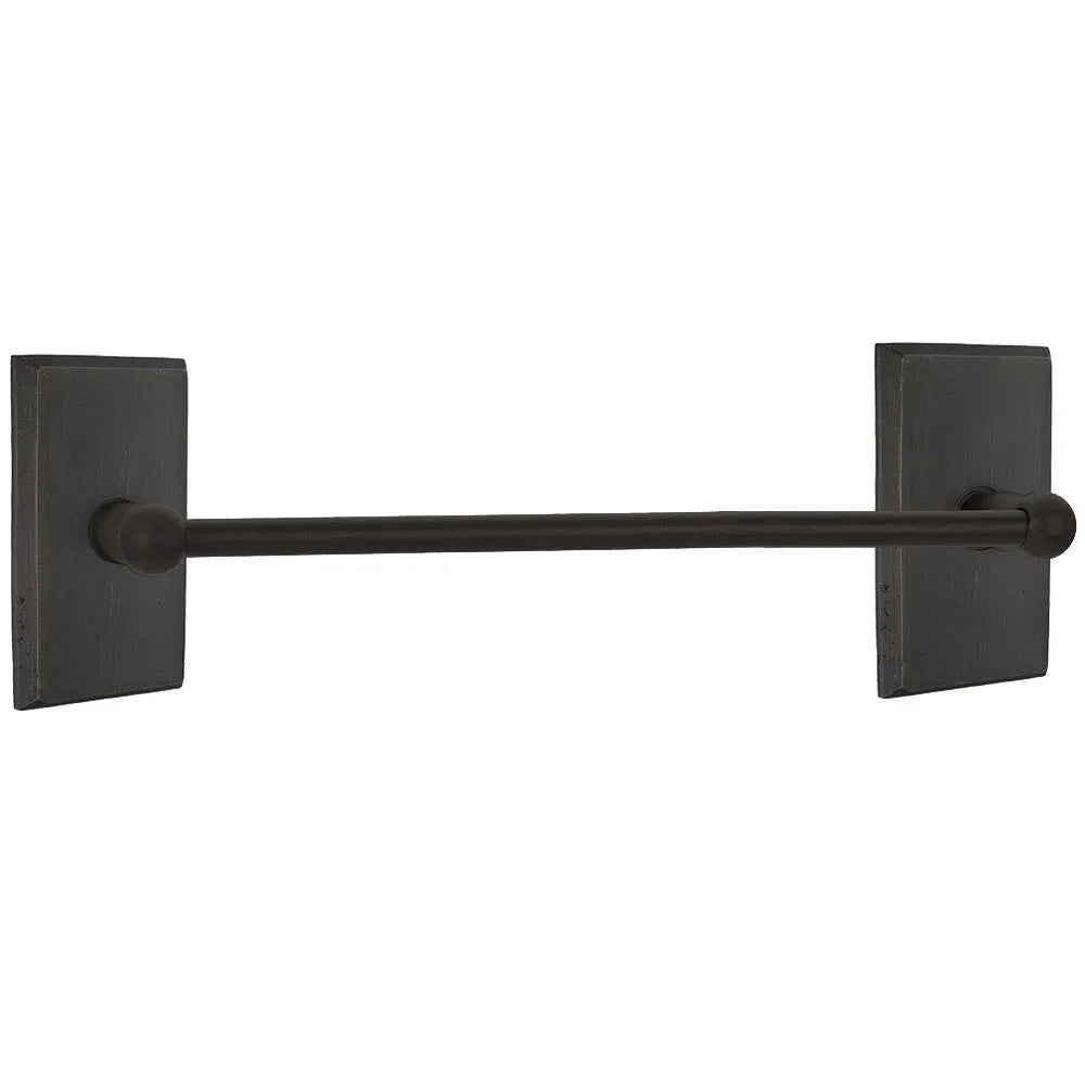 The Emtek Sandcast Bronze Towel Bar with #3 Rosette in Medium Bronze Patina finish.