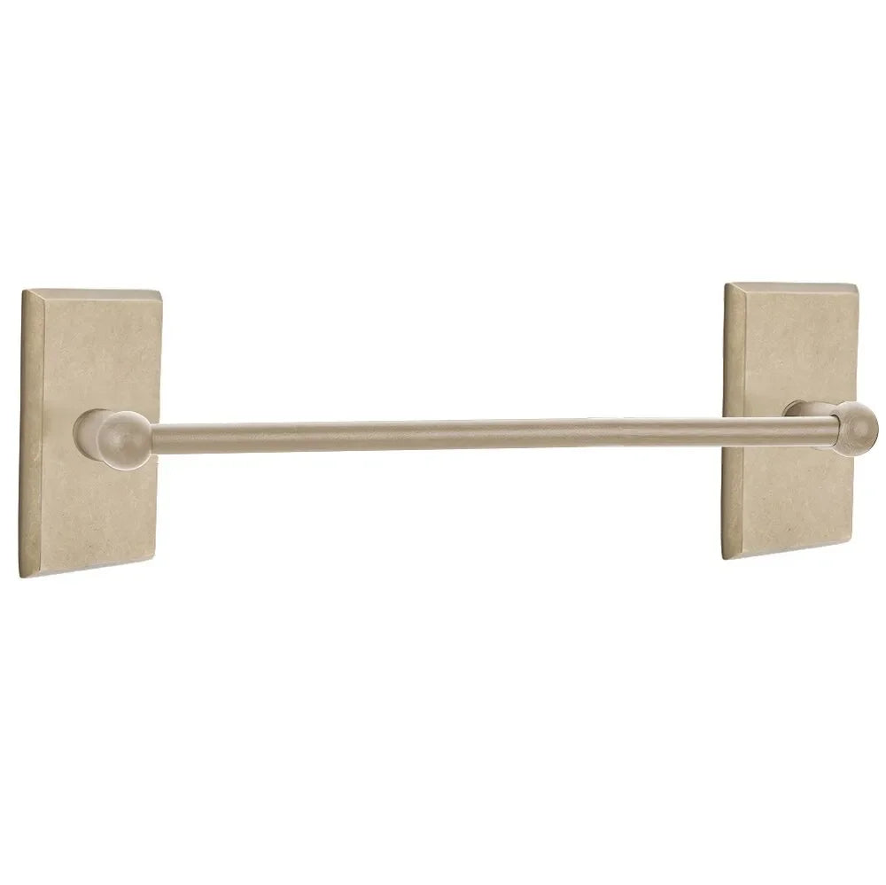 The Emtek Sandcast Bronze Towel Bar with #3 Rosette in Tumbled White Bronze finish.