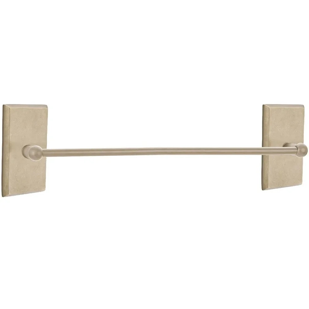 The Emtek Sandcast Bronze Towel Bar with #3 Rosette in Tumbled White Bronze finish.