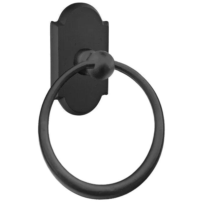 The Emtek Sandcast Bronze Towel Ring With #1 Rosette in Flat Black Bronze Patina finish.
