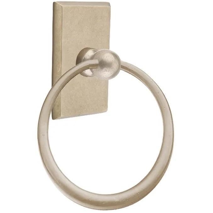 The Emtek Sandcast Bronze Towel Ring With #3 Rosette in Tumbled White Bronze finish.