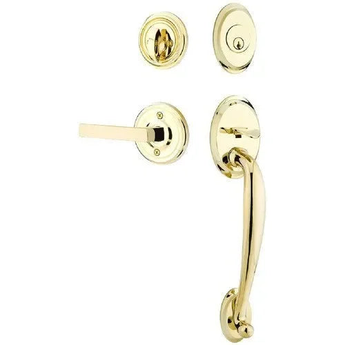 Emtek Saratoga Tubular Entrance Handleset With Dumont Lever in Unlacquered Brass finish