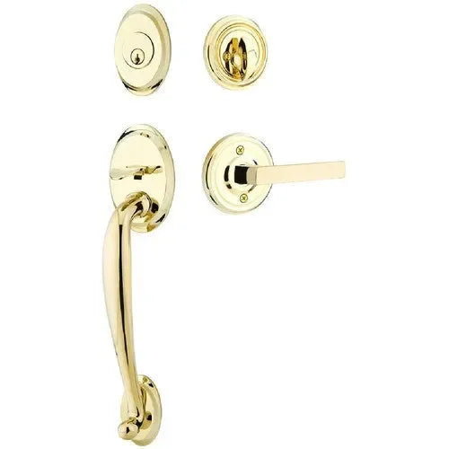 Emtek Saratoga Tubular Entrance Handleset With Dumont Lever in Unlacquered Brass finish