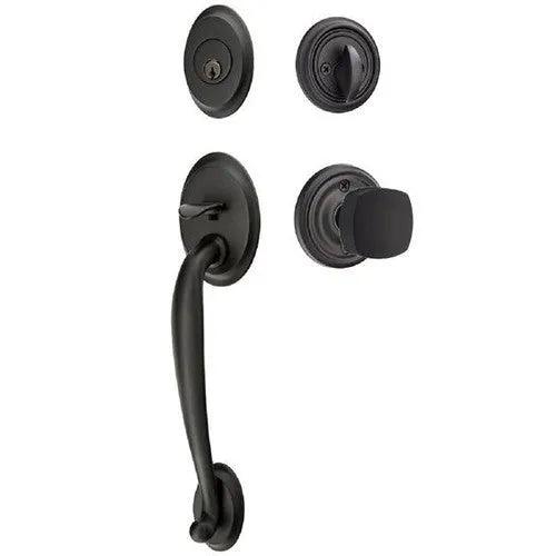 Emtek Saratoga Tubular Entrance Handleset With Freestone Square Knob Flat Black