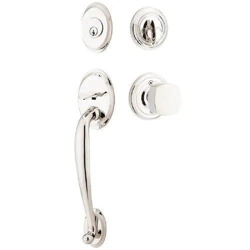 Emtek Saratoga Tubular Entrance Handleset With Freestone Square Knob Lifetime Polished Nickel