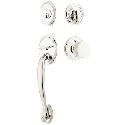 Emtek Saratoga Tubular Entrance Handleset With Freestone Square Knob in Lifetime Polished Nickel finish