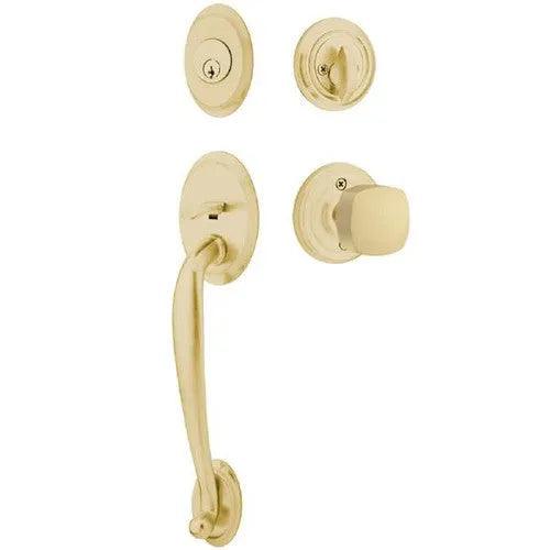 Emtek Saratoga Tubular Entrance Handleset With Freestone Square Knob Satin Brass