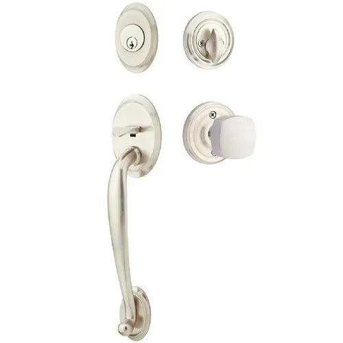 Emtek Saratoga Tubular Entrance Handleset With Freestone Square Knob Satin Nickel