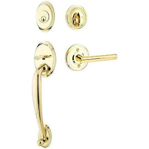 Emtek Saratoga Tubular Entrance Handleset With Stuttgart Lever in Unlacquered Brass finish
