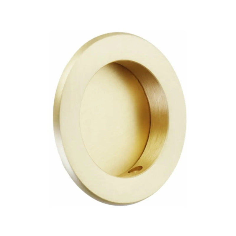 The Emtek 2 1/2" Round Flush Pull in Satin Brass finish