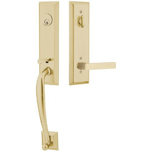 Emtek Adams Tubular Entrance Handleset With Dumont Lever in Satin Brass finish