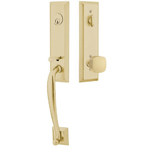 Emtek Adams Tubular Entrance Handleset With Freestone Square Knob in Satin Brass finish