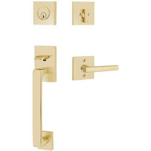 Emtek Baden Entrance Handleset With Freestone Lever in Satin Brass finish