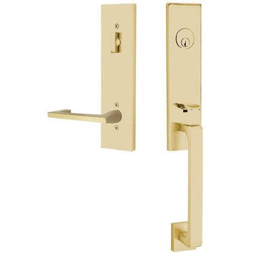 Emtek Davos Handleset with Interior Argos Lever in Satin Brass finish