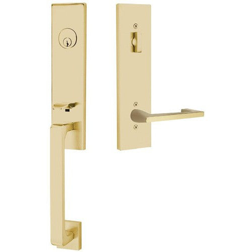 Emtek Davos Handleset with Interior Argos Lever in Satin Brass finish