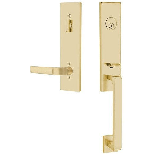 Emtek Davos Handleset with Interior Aston Lever in Satin Brass finish