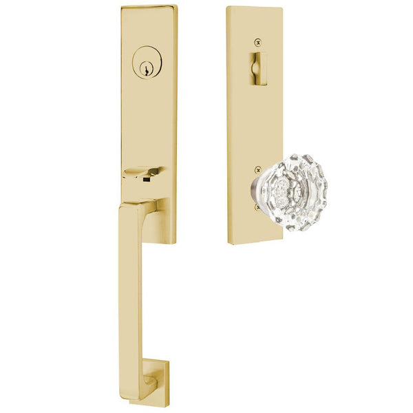 Emtek Davos Handleset with Interior Astoria Glass Knob in Satin Brass finish