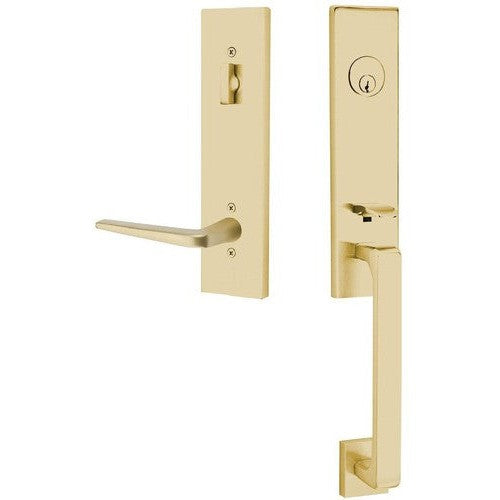 Emtek Davos Handleset with Interior Athena Lever in Satin Brass finish