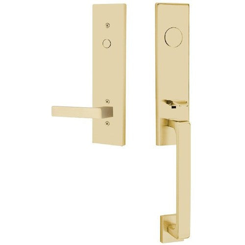 Emtek Davos Tubular Entrance Handleset With Dumont Lever in Satin Brass finish