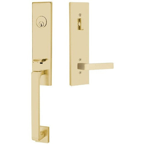 Emtek Davos Tubular Entrance Handleset With Dumont Lever in Satin Brass finish