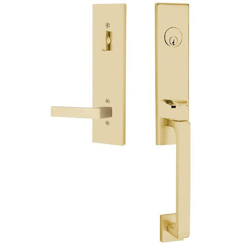 Emtek Davos Tubular Entrance Handleset With Dumont Lever in Satin Brass finish