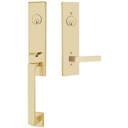 Emtek Davos Tubular Entrance Handleset With Dumont Lever in Satin Brass finish