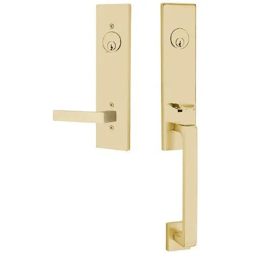 Emtek Davos Tubular Entrance Handleset With Dumont Lever in Satin Brass finish