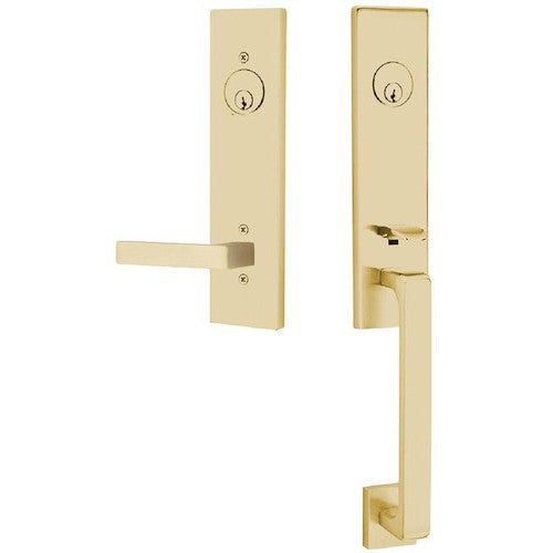 Emtek Davos Tubular Entrance Handleset With Dumont Lever in Satin Brass finish