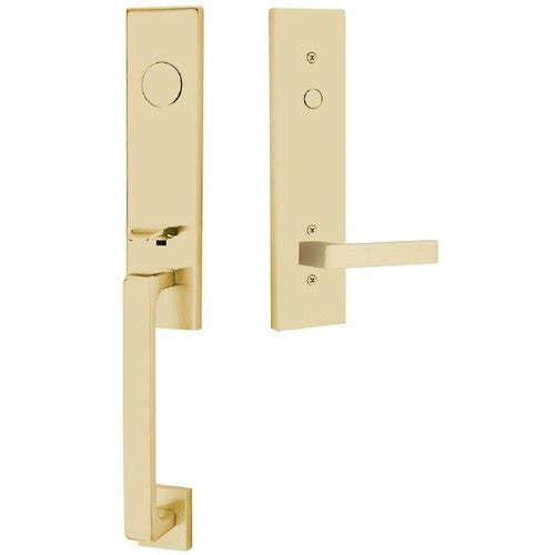 Emtek Davos Tubular Entrance Handleset With Dumont Lever in Satin Brass finish