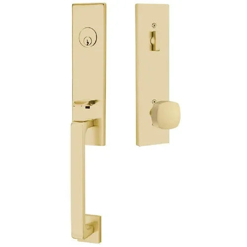 Emtek Davos Tubular Entrance Handleset With Freestone Square Knob in Satin Brass finish