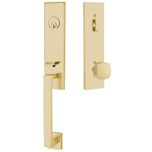 Emtek Davos Tubular Entrance Handleset With Freestone Square Knob in Satin Brass finish